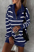 Striped O-Ring Zip Front Collared Drop Shoulder Long Sleeve Sweater Dress